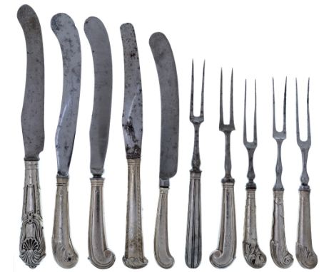 A mixed group of 18th century silver-handled flatware comprising five knives and five two-tined forks, not matching, four of 