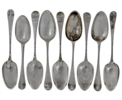 A set of six George II Hanoverian pattern silver tablespoons, London, 1748, William Turner, with extended drop to reverse of 