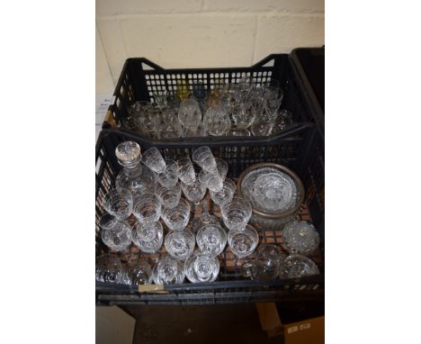 TWO BOXES OF CUT GLASS WARES, BRANDY GLASSES, WINE GLASSES ETC AND A CUT GLASS DECANTER