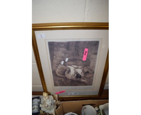 FRAMED PRINT OF A PUPPY OVERTURNING A WATER BUCKET