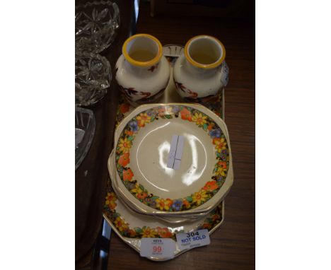 1930S STYLE POTTERY SANDWICH SET WITH PLATES AND SANDWICH PLATE TOGETHER WITH A PAIR OF POTTERY IMARI STYLE VASES