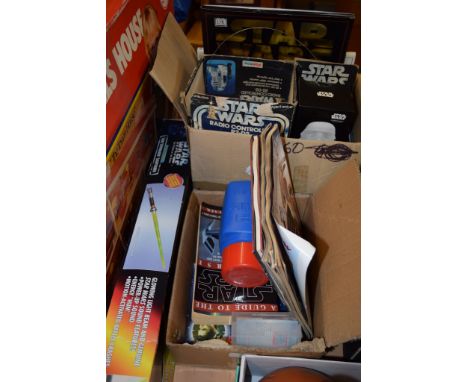 TWO BOXES OF STAR WARS MEMORABILIA INCLUDING A RADIO CONTROLLED R2D2 AND A GLOWING LIGHT BEAM