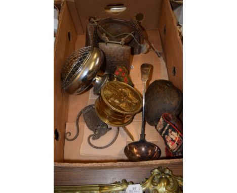 BOX OF METAL WARES AND LARGE PLATED SOUP LADLE