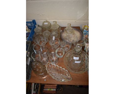 CUT GLASS WARES INCLUDING DRESSING TABLE SET AND DECANTER AND GLASS JELLY MOULD
