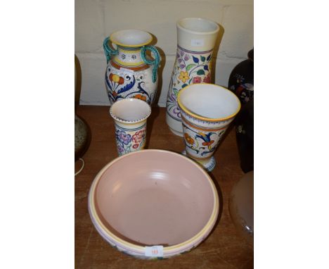 LARGE POOLE POTTERY DISH, TWO POOLE VASES AND TWO MAJOLICA VASES