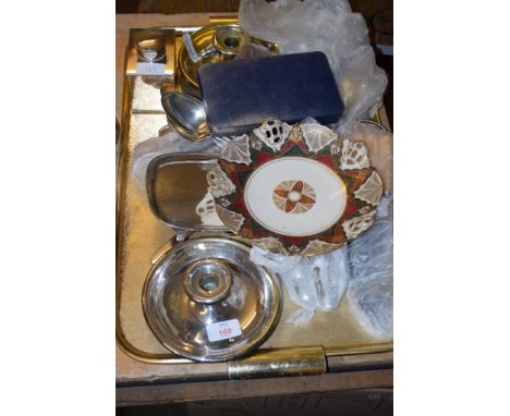 PLATED WARE CANDLESTICK, TRAY WITH PLATED WARE ITEMS AND FLATWARES