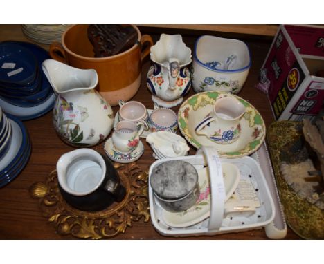 POTTERY ITEMS INCLUDING TWO POOLE TWO-HANDLED JUGS, FURTHER POOLE JUG ETC