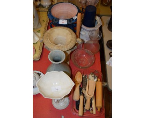 CERAMIC VASES AND A STONEWARE TYPE GARDEN VASE WITH RAMS HEAD HANDLES