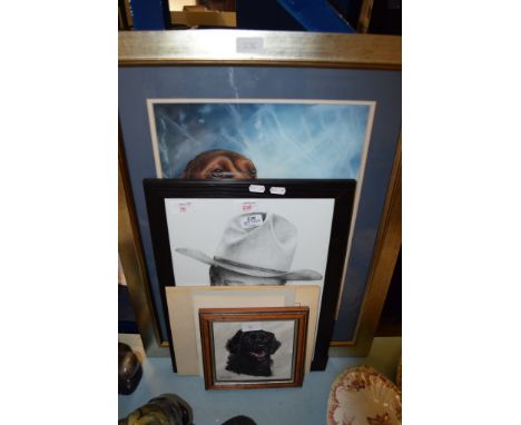 QUANTITY OF DOG PICTURES INCLUDING ONE OIL ON BOARD, ALSO FRAMED PRINT OF JOHN WAYNE ETC