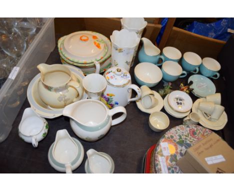 MIXED CERAMIC WARES INCLUDING VASES IN THE COTTAGE GARDEN PATTERN BY AYNSLEY, TEA POT BY CROWN STAFFORDSHIRE, TEA WARES BY WO