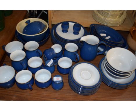 QUANTITY OF BLUE GLAZED DENBY DINNER WARES, INCLUDING PLATES, SIDE PLATES, SERVING DISHES, JUG, CUPS AND SAUCERS AND VARIOUS 