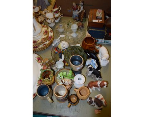 MIXED CERAMIC MODELS OF DOGS, PENGUIN AND POLAR BEAR AND SOME GLASS WARES