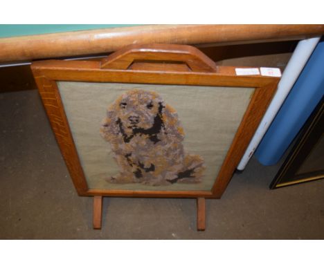 OAK FIRESIDE SCREEN WITH A TAPESTRY PICTURE OF A DOG