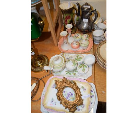 CERAMIC ITEMS, MAINLY DRESSING TABLE SETS COMPRISING TWO VASES AND SMALL POTS WITH COVERS, ALSO LARGE PLATED COFFEE POT