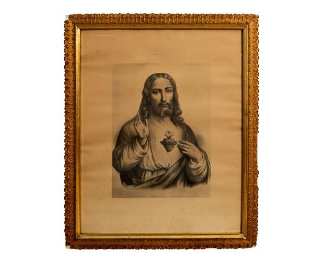 This large monochrome print represents Jesus Christ with his left hand touching his bleeding heart and his right hand with th