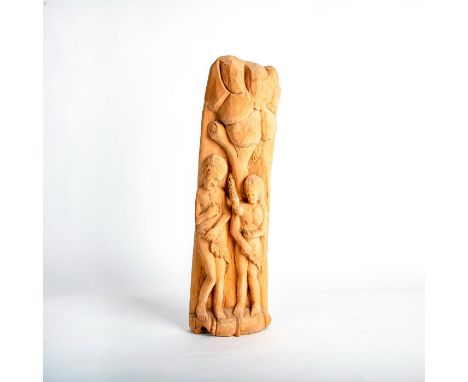 Wall sculpture depicting Adam and Eve standing under a tree with a serpent entwined. Nacius Joseph was the first Haitian scul