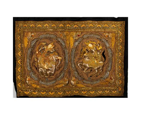 Vintage tapestry of two riders with hanging loops at top. One is on horseback and the other on an elephant. Eight birds featu