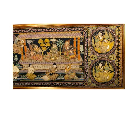 Elaborately embroidered wall tapestry featuring multiple people. Figures are padded and appear as relief. Embroidered with se