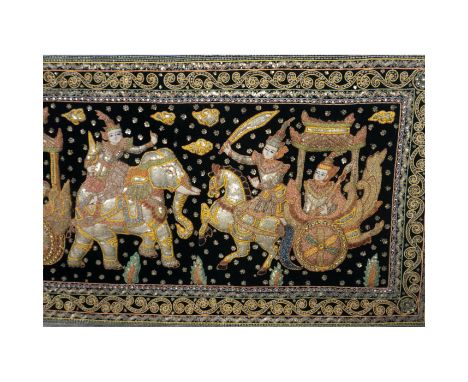 Elaborately embroidered wall tapestry featuring a pair of warriors charging on horse and elephant drawn chariots with swords 