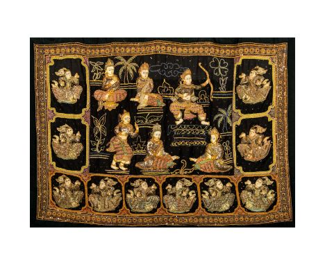 Vintage tapestry of various villagers, hanging loops at top. Sixteen people featured. Heavily embroidered applique tapestry o