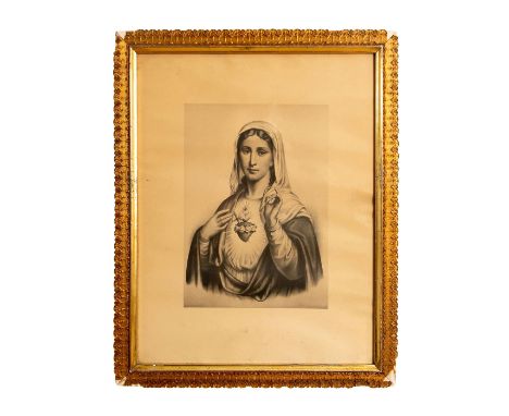 Large framed monochrome print representing Mary, Mother of Jesus pointing her left finger to Heaven and her right hand toward