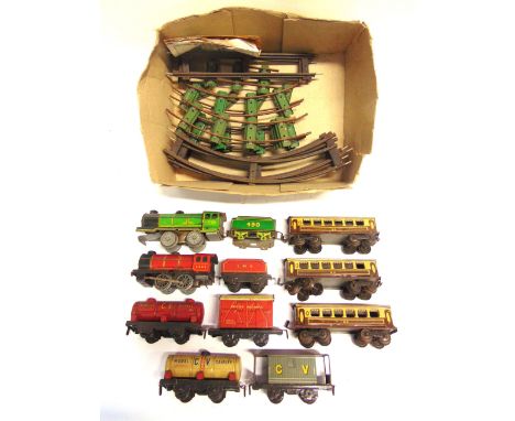 [O GAUGE]. A MISCELLANEOUS COLLECTION  comprising a Chad Valley L.M.S. 0-4-0 tender locomotive, 3402, lined red livery, clock