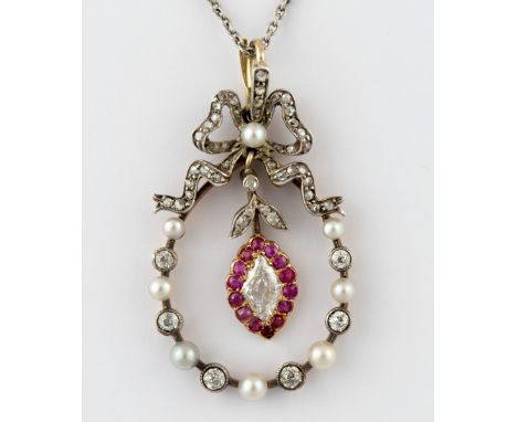 AN EARLY 20TH CENTURY OLD CUT DIAMOND AND SEED PEARL BOW PENDANT DROP  the openwork pendant of oval shape with a centrally su