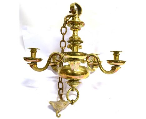 A GOOD QUALITY DUTCH STYLE FIVE LIGHT BRASS CEILING LIGHT FITTING  54cm high (excluding chain) Condition Report : very heavy,