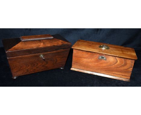 A ROSEWOOD TEA CADDY  together with a small elm box of rectangular form