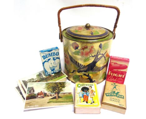 ASSORTED COLLECTABLES  comprising a Vincents Chocolate Toffees tin in the form of a biscuit barrel, 18cm high; Golliwogg card