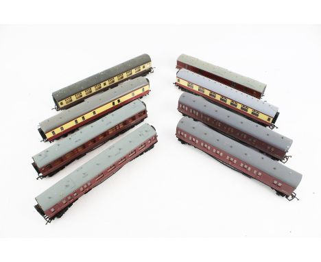 Eight OO gauge coaches. Including a Lima carriage in brown and cream livery M24437, a Mainline carriage in red and cream live