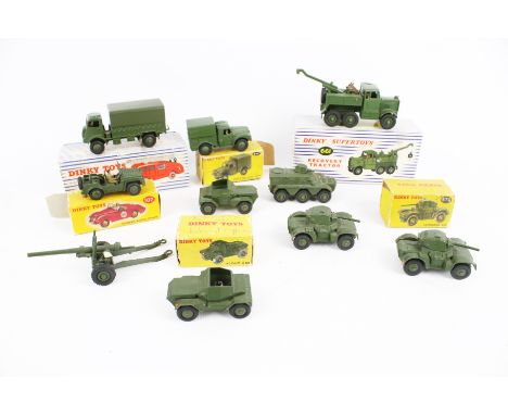 Ten Dinky diecast military vehicles. Comprising a Dinky Supertoy 661 Recovery Tractor, boxed, a 670 Armoured Car, boxed, 673 