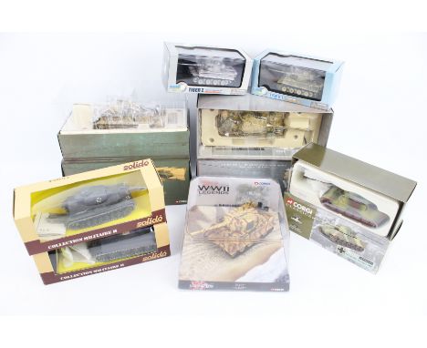 Eight diecast tanks. Including a 66601 German Army King Tiger Heavy Tank, a Solido 'Les Militaires' no 6073 PZIV, etc, all in