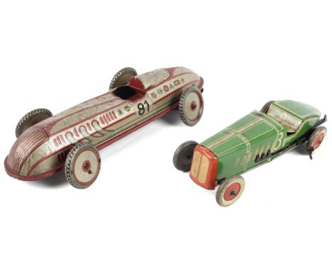 Two vintage tinplate racing cars. Comprising a clockwork example with a green body and Dunlop tyres, L32cm, and one with a si