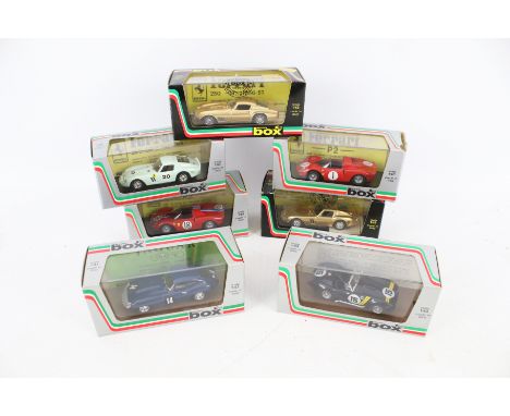 Seven diecast sports cars. 1:43 scale, including a Ferrari GT 202, 8414 AC Shelby Cobra, etc. in the original boxes