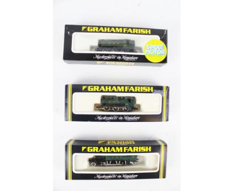 Three Graham Farrish N gauge steam tank engines. Comprising a GWR 9400 Class Pannier Tank No. 1104, a GWR Class 5700 Pannier 