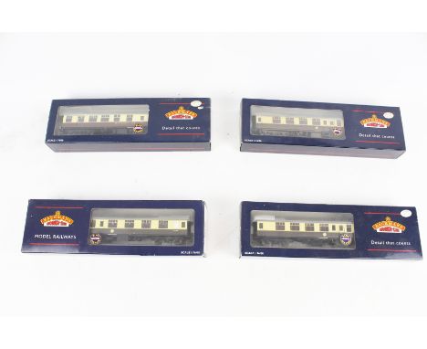 Four Bachmann OO gauge coaches. All in brown and cream liveries, comprising two 39-229 MK 1 Brake/Corridor Composite coach, a