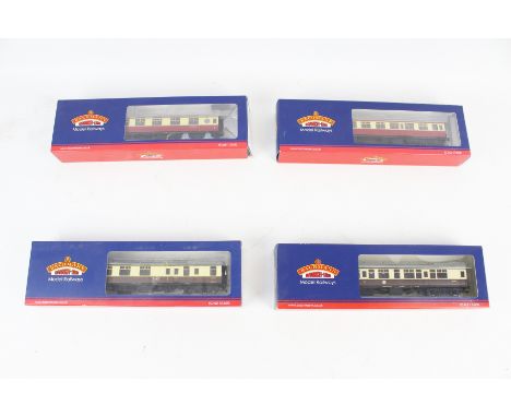 Four Bachmann OO gauge British Railways coaches. Including a 39-465 60ft Porthole Corridor Coach, in the original boxes
