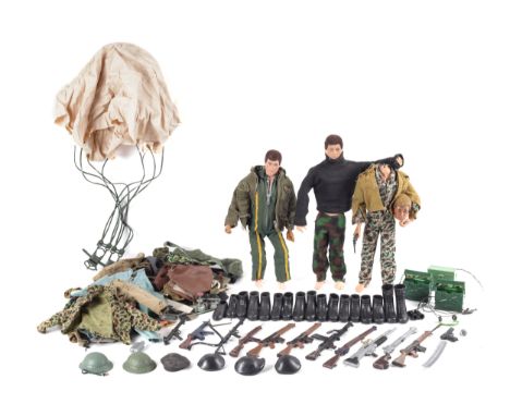 Three Palitoy Action Man figures. With a range of clothes and accessories, etc. One missing head. 