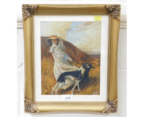 A painting of a lady with greyhounds, oil on board, after Charles Wellington Furse, 24.5cm x 20cm. 