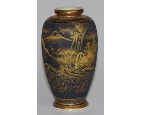 Satsuma ceramic vase Mount Fuji scene decorated in gilt, on black ground, character mark to base, (height 16cm approx).