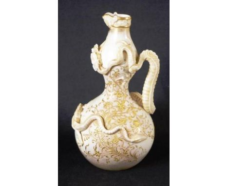 Victorian Royal Worcester blush ivory ewer applied dragon decoration, with embossed gilt blossoms, marked to base, design # 1