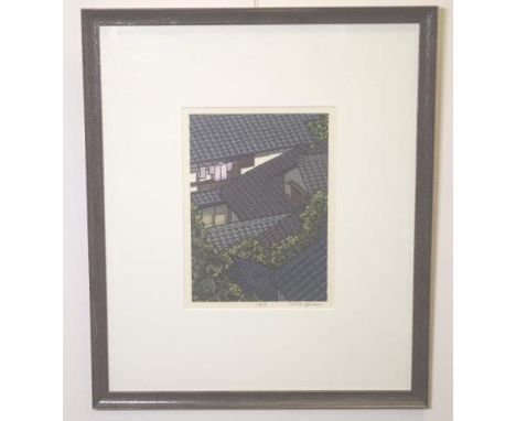 Japanese framed woodblock print House Roofs, signed in pencil lower right, (illegible), (27cm X 20cm approx).