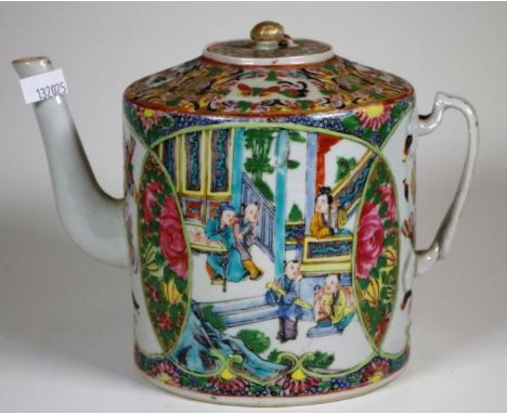 Chinese rose medallion ceramic teapot with figural and rose medallion decoration, height 16cm approx