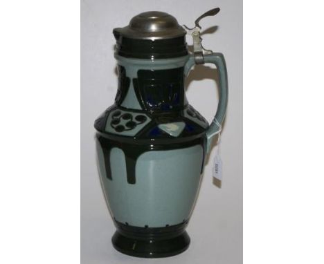 German antique ceramic master stein blue glaze decoration, pewter lid, marked # 1299B to base, circa 1890, (height 34cm appro