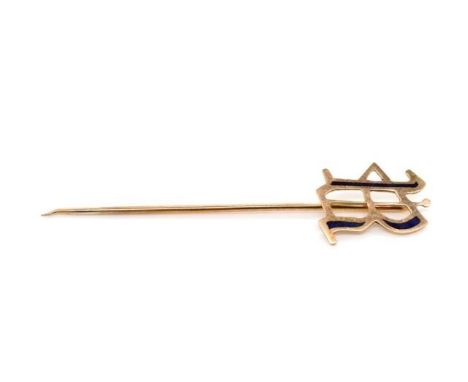 Australian 9ct rose gold and enamel stick pin By G.H Palfrey Melbourne 1897-1927. Of Gothic R form Marked reverse. Approx wei