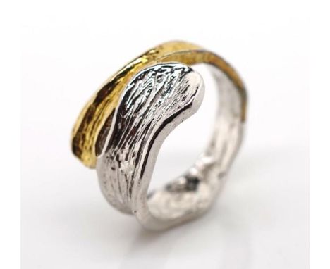 Modernist Scandinavian silver ring with gilt highlights. Marked with silver mark and makers. Approx weight 4 grams, ring size