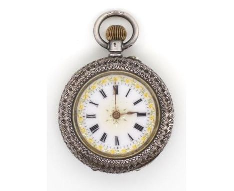 Sterling silver ladies Swiss fob watch with a heavily engraved foliate decorated body and enamel dial . Manual wind movement 