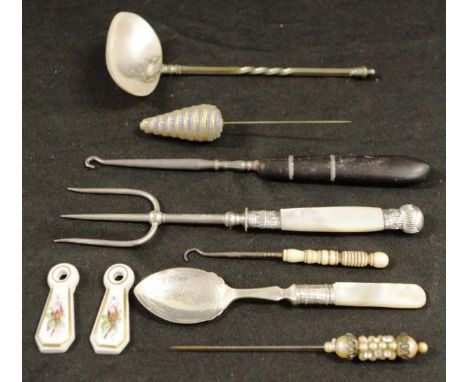 Five various vintage silver plate implements including pearl handle jam spoon, and serving fork; an ivory handle button hook;