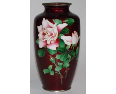 Japanese cloisonne mantle vase red rose decorated on burgundy ground, (height 22cm approx).